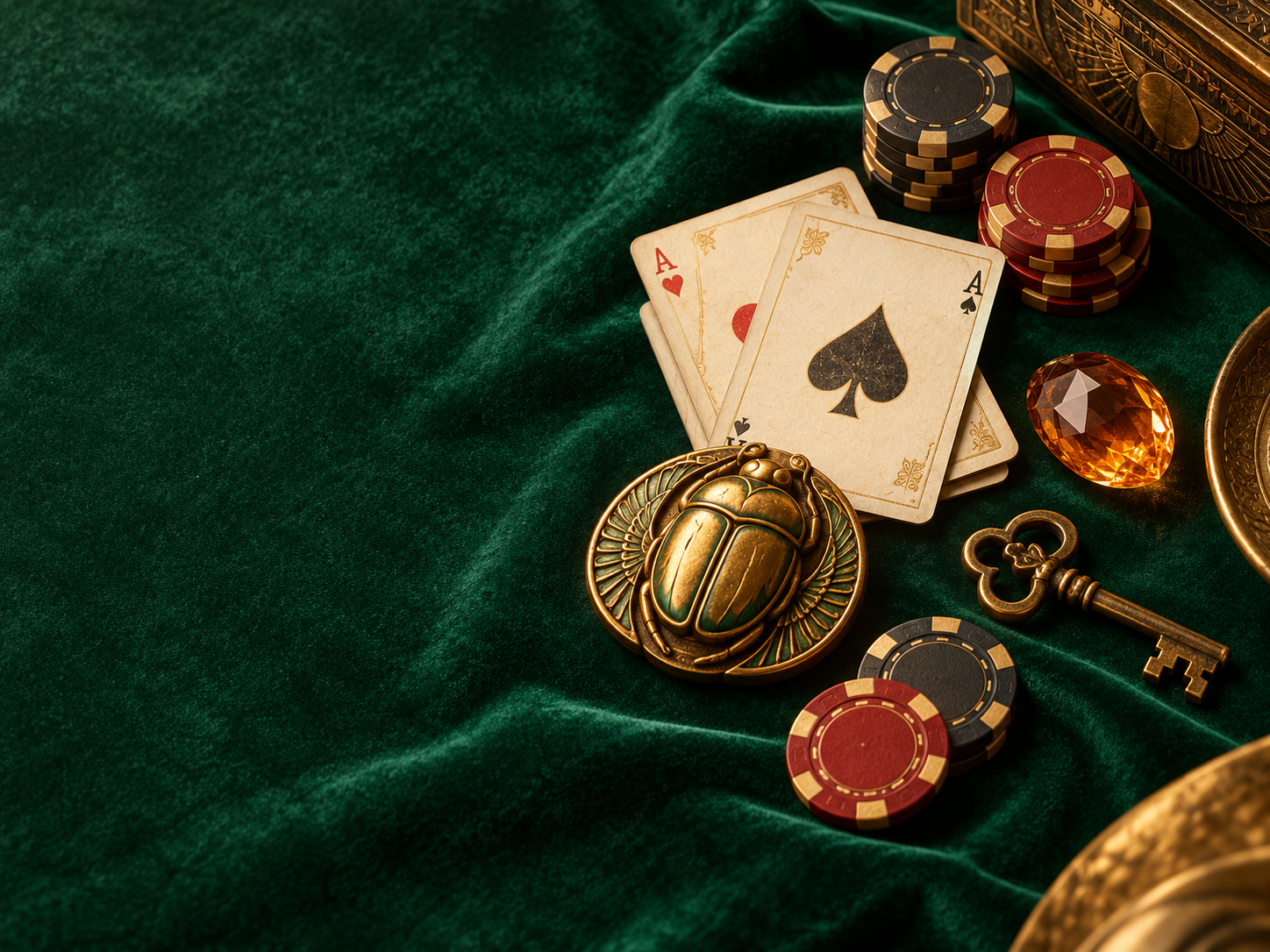 Emerald casino table with cards, chips, a gold scarab and key