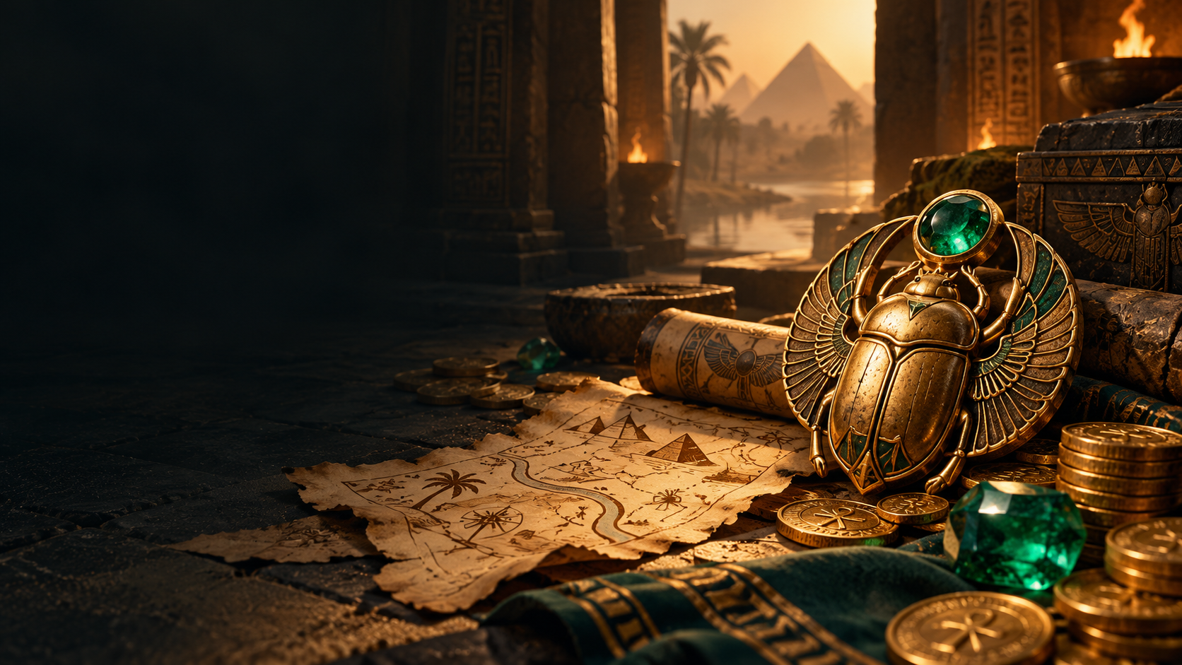 Golden scarab, treasure map and emerald jewel in an Egyptian temple
